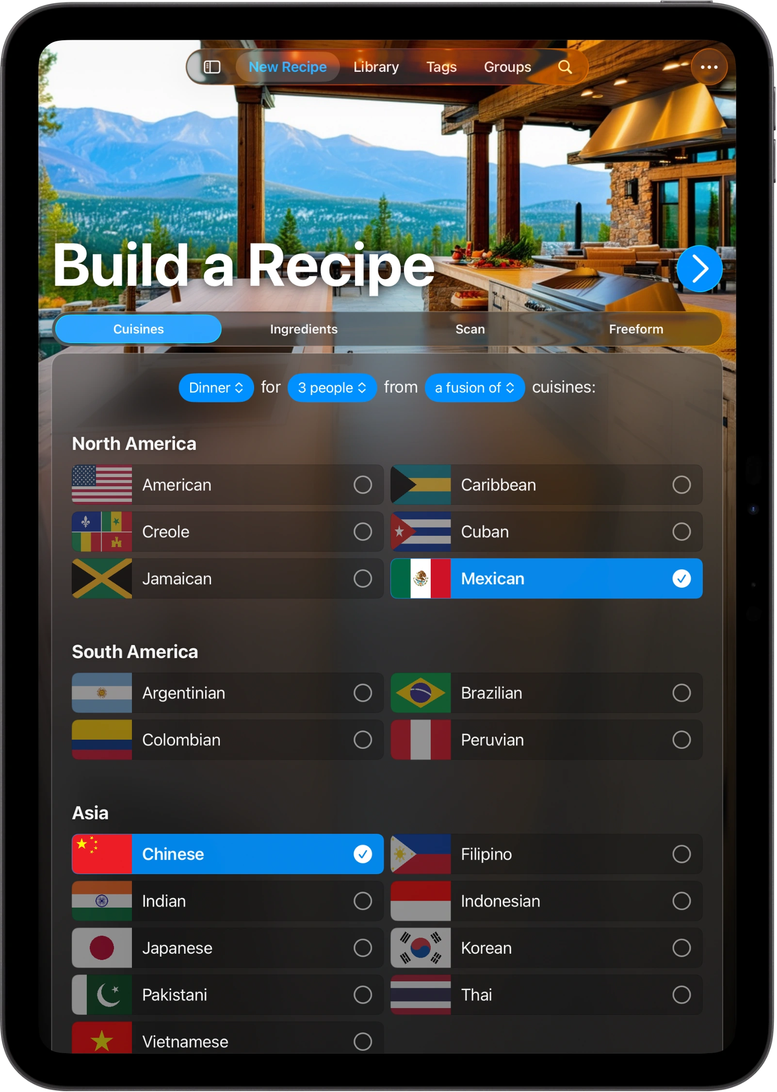 A screenshot of an iPad showing BrightDish's Build a Recipe screen on the Cuisines tab, with a regionally grouped list of world cuisines and Mexican and Chinese selected.