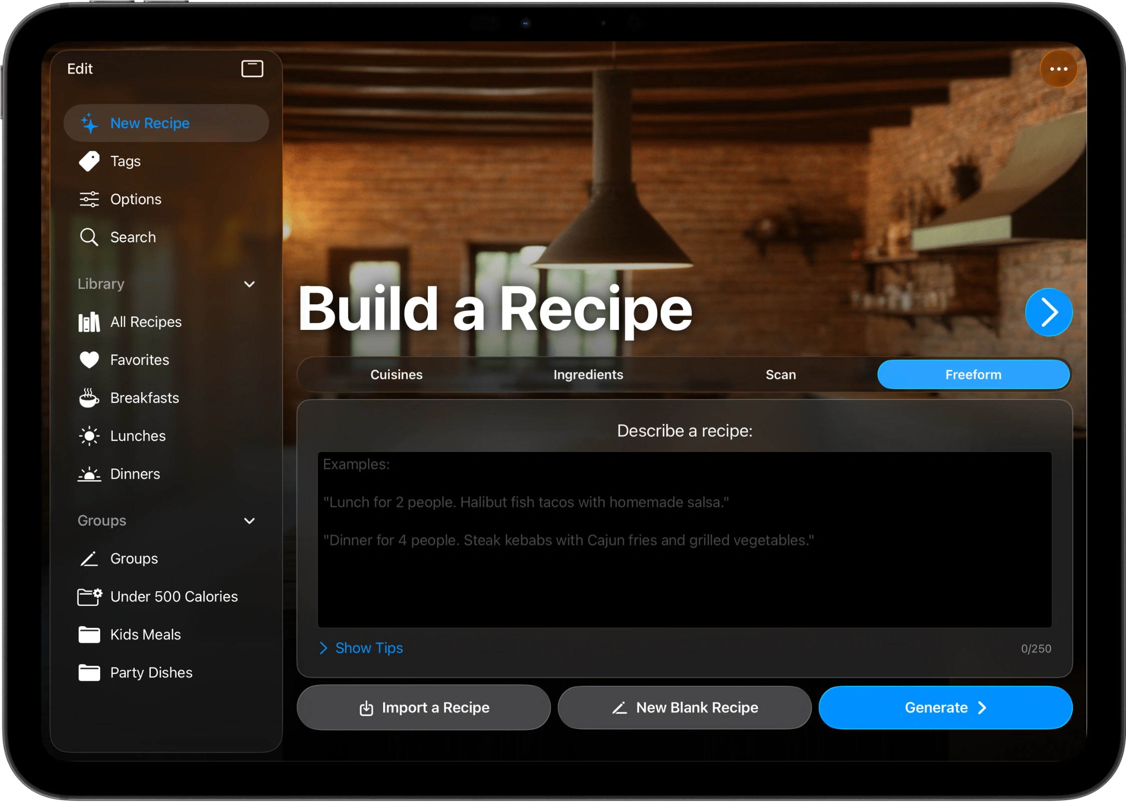 A screenshot of an iPad showing BrightDish's Build a Recipe screen on the Freeform tab, with a Describe a Recipe text field and a Generate button.