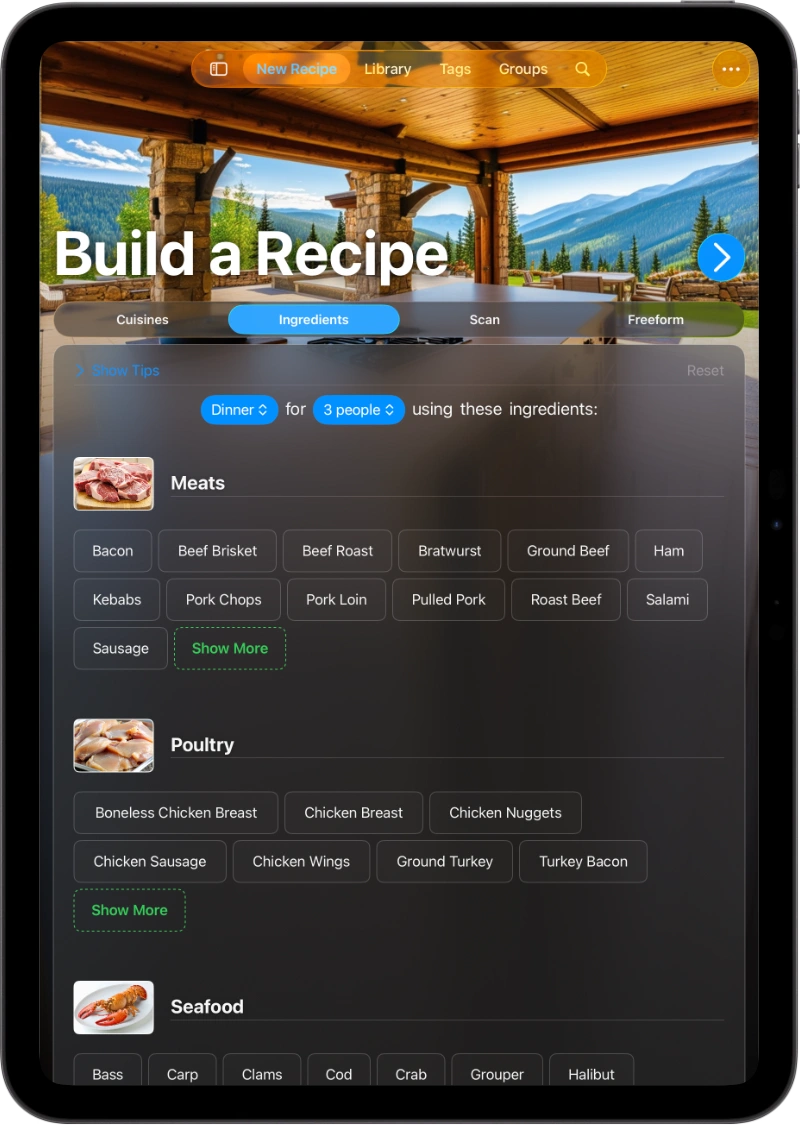 A screenshot of an iPad showing BrightDish's Build a Recipe screen on the Ingredients tab, with category sections of selectable ingredient chips for Meats, Poultry, and Seafood.