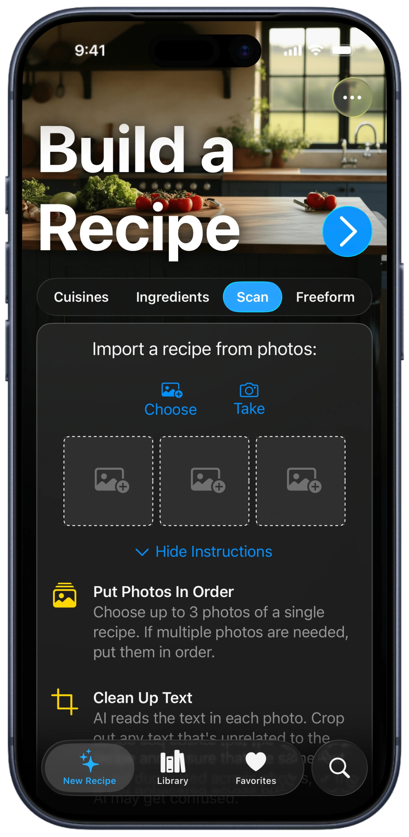 A screenshot of an iPhone showing BrightDish's Build a Recipe screen on the Scan tab, with Choose and Take buttons for importing photos of a physical recipe.