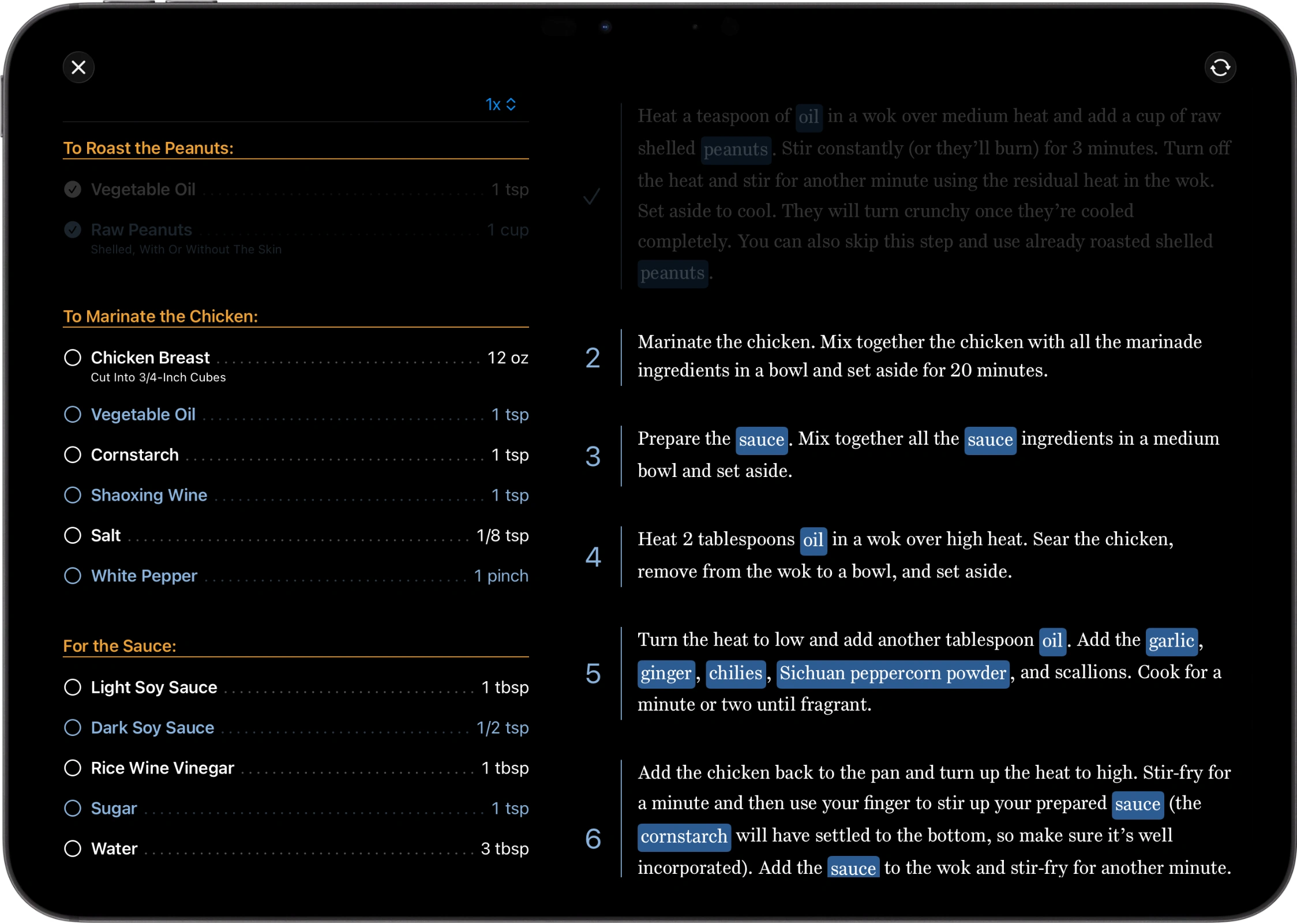 A screenshot of an iPad showing BrightDish's Cooking View, with a sidebar of checkable ingredient and step lists on the left and the recipe's directions on the right.