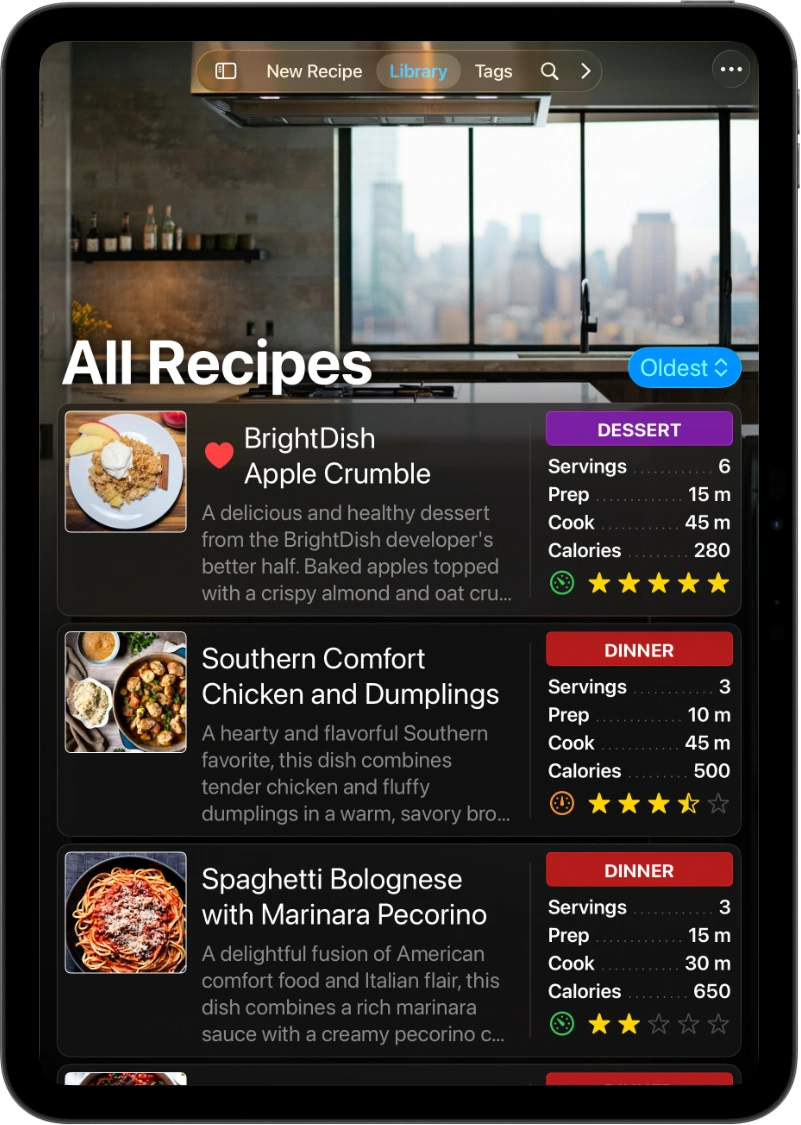 A screenshot of an iPad showing BrightDish's All Recipes library rendered at an enlarged system text size, with three recipe cards displaying photos, summaries, and stats.