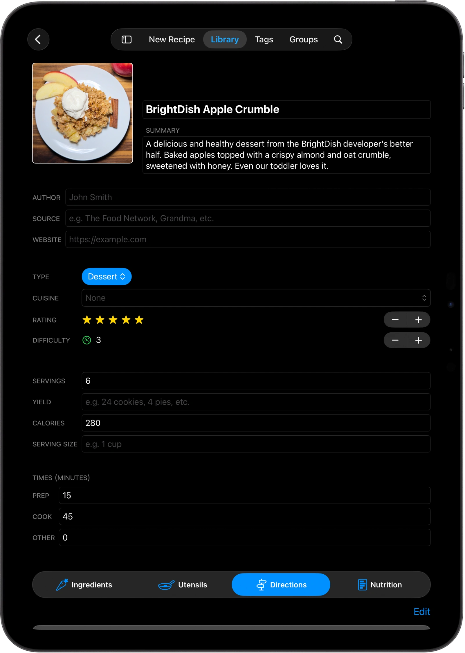 A screenshot of an iPad showing BrightDish's manual recipe editor for an Apple Crumble recipe, with editable fields for author, source, website, type, cuisine, rating, difficulty, servings, yield, calories, and prep and cook times.