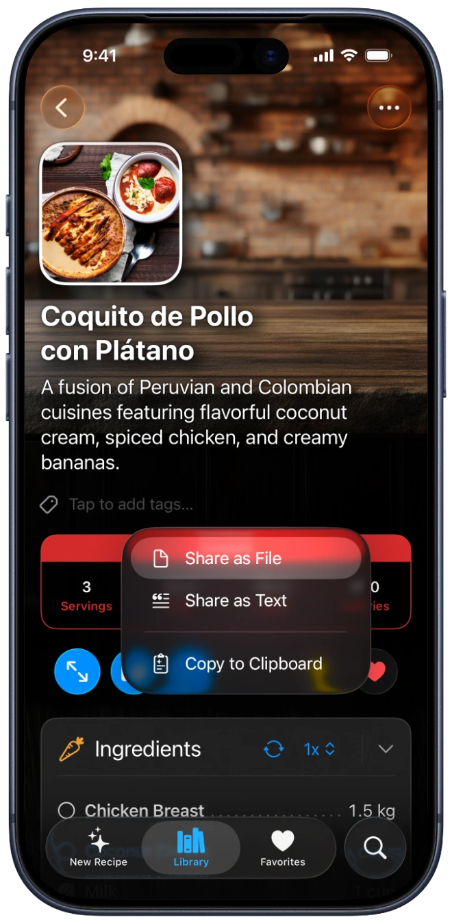 A screenshot of an iPhone showing a BrightDish recipe with the share menu open, offering Share as File, Share as Text, and Copy to Clipboard.