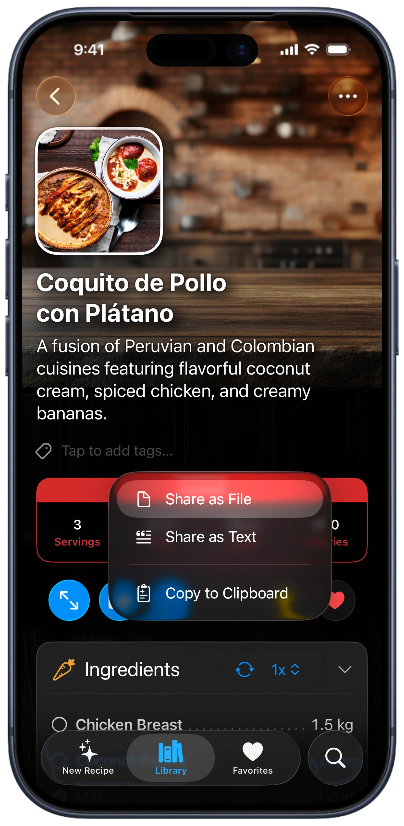 A screenshot of an iPhone showing a BrightDish recipe with the share menu open, offering Share as File, Share as Text, and Copy to Clipboard.