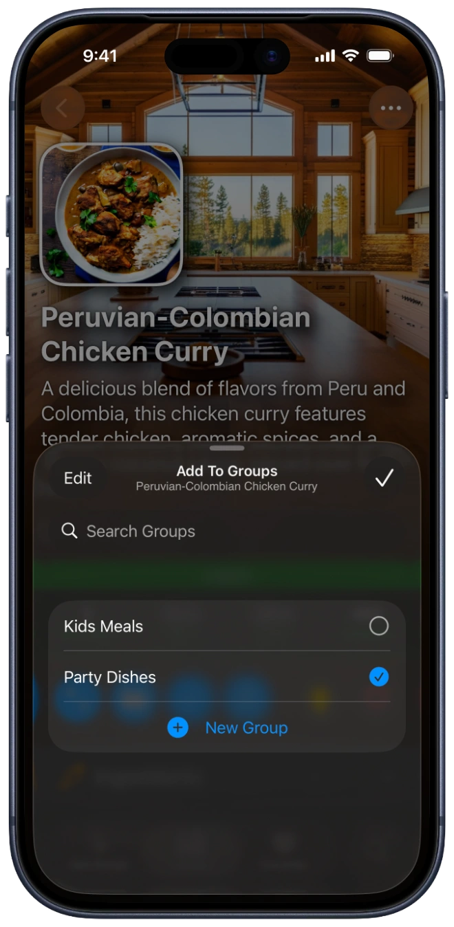 A screenshot of an iPhone showing a BrightDish recipe with the Add To Groups sheet open, listing groups like Kids Meals and Party Dishes alongside a New Group button.