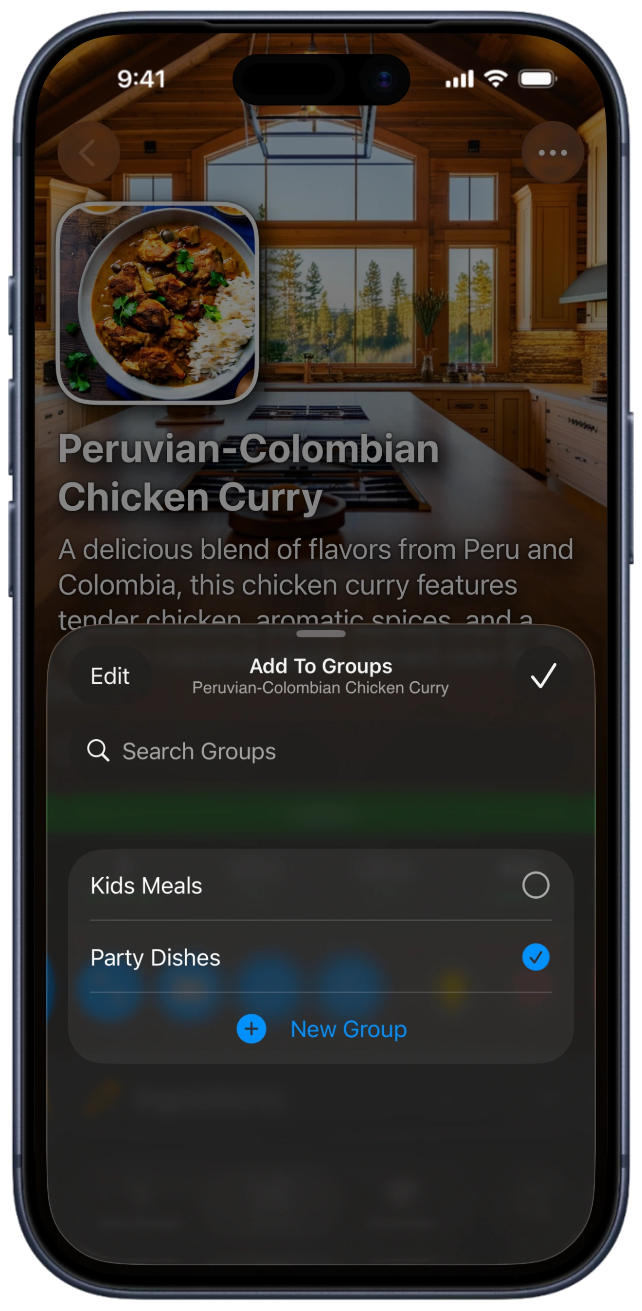 A screenshot of an iPhone showing a BrightDish recipe with the Add To Groups sheet open, listing groups like Kids Meals and Party Dishes alongside a New Group button.