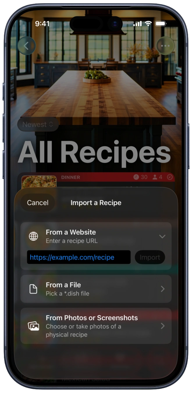A screenshot of an iPhone showing BrightDish's Import a Recipe sheet over the All Recipes library, with options to import From a Website, From a File, or From Photos or Screenshots.