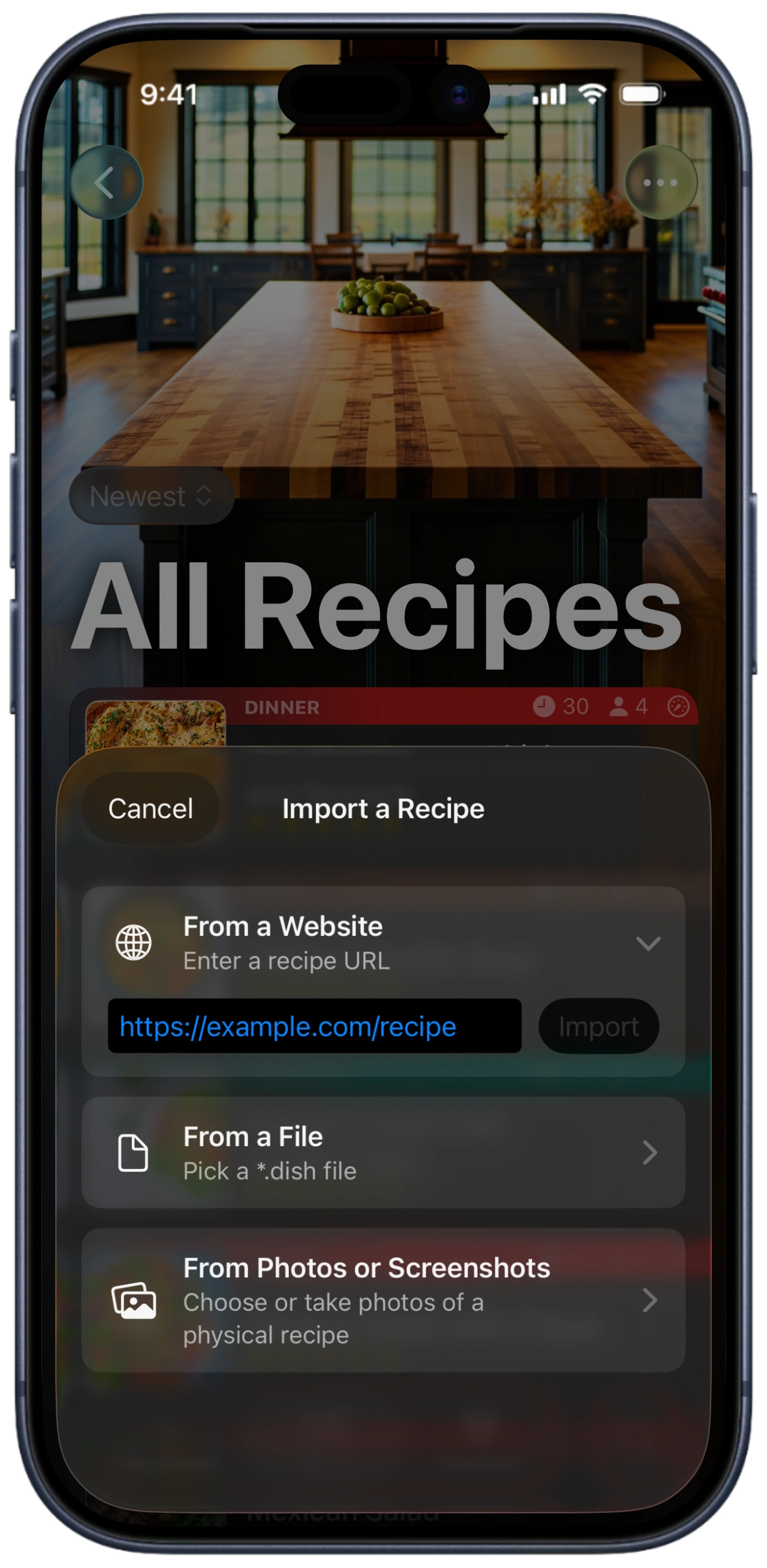 A screenshot of an iPhone showing BrightDish's Import a Recipe sheet over the All Recipes library, with options to import From a Website, From a File, or From Photos or Screenshots.