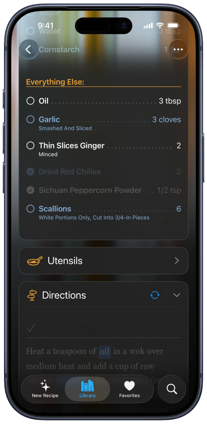 A screenshot of an iPhone showing a BrightDish ingredient list with detailed quantities, preparation notes, and qualifiers beneath each ingredient name.