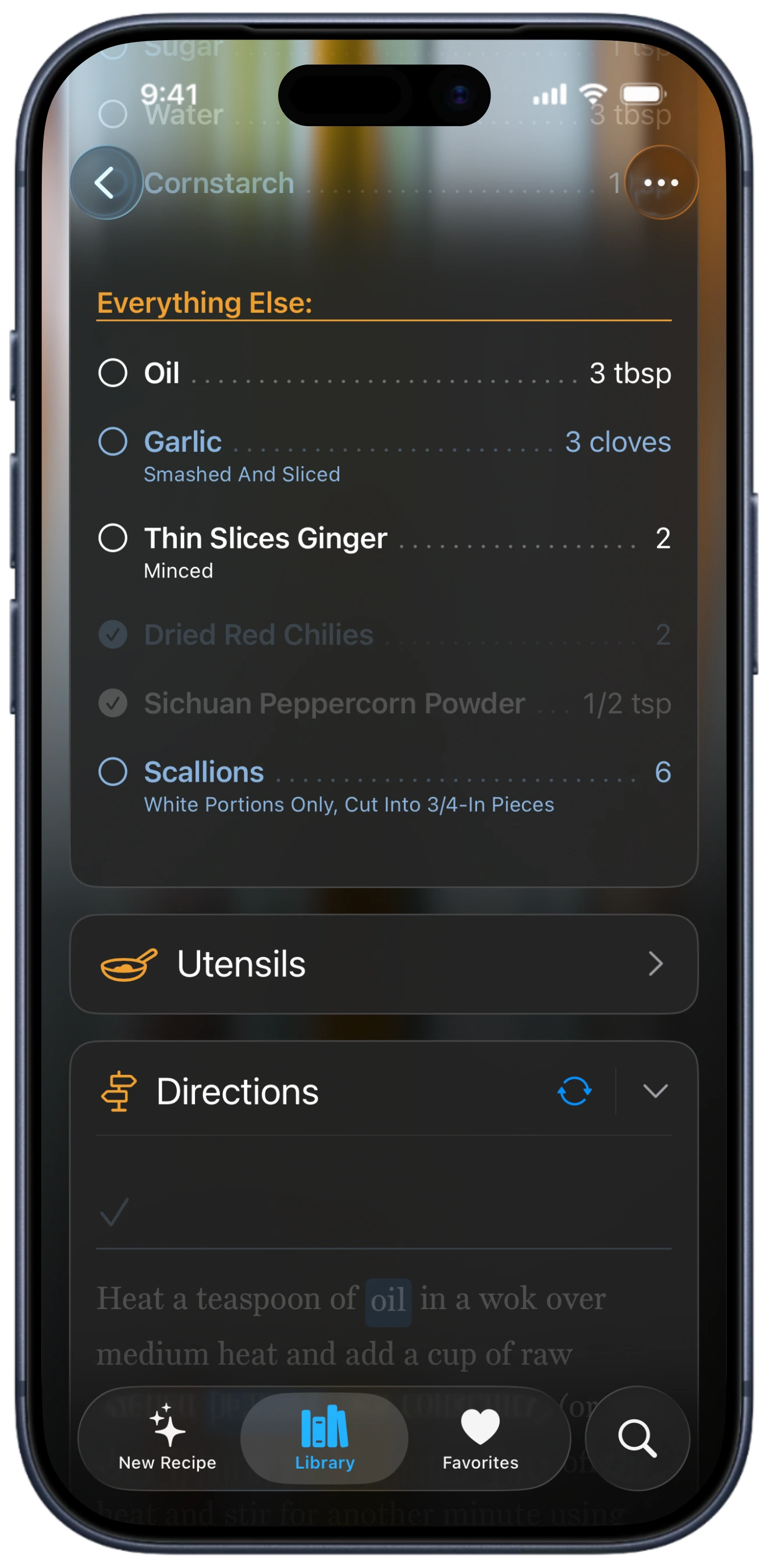 A screenshot of an iPhone showing a BrightDish ingredient list with detailed quantities, preparation notes, and qualifiers beneath each ingredient name.