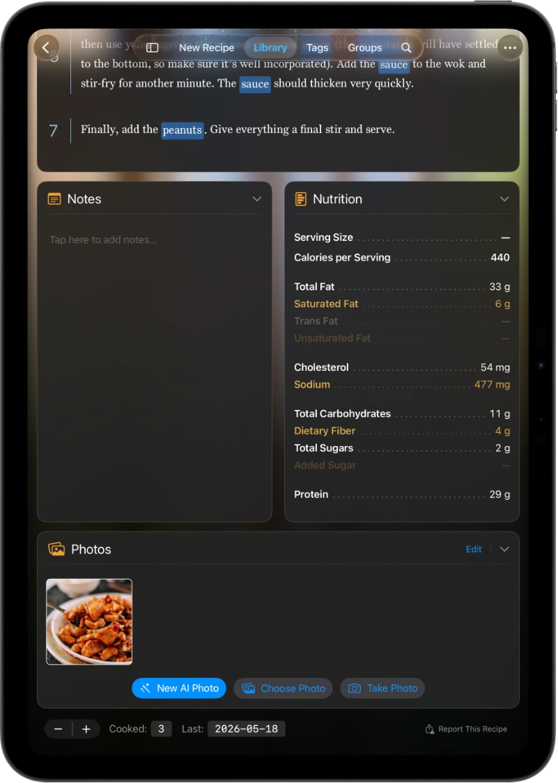 A screenshot of an iPad showing a BrightDish recipe with side-by-side Notes and Nutrition panels beneath the directions, listing per-serving calories, fats, cholesterol, carbohydrates, and protein.
