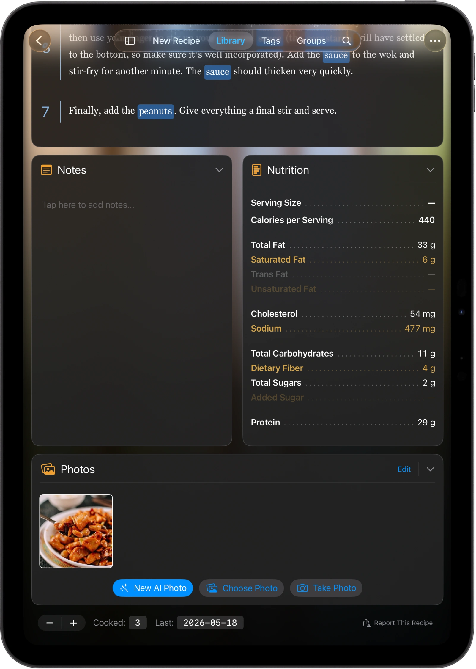 A screenshot of an iPad showing a BrightDish recipe with side-by-side Notes and Nutrition panels beneath the directions, listing per-serving calories, fats, cholesterol, carbohydrates, and protein.