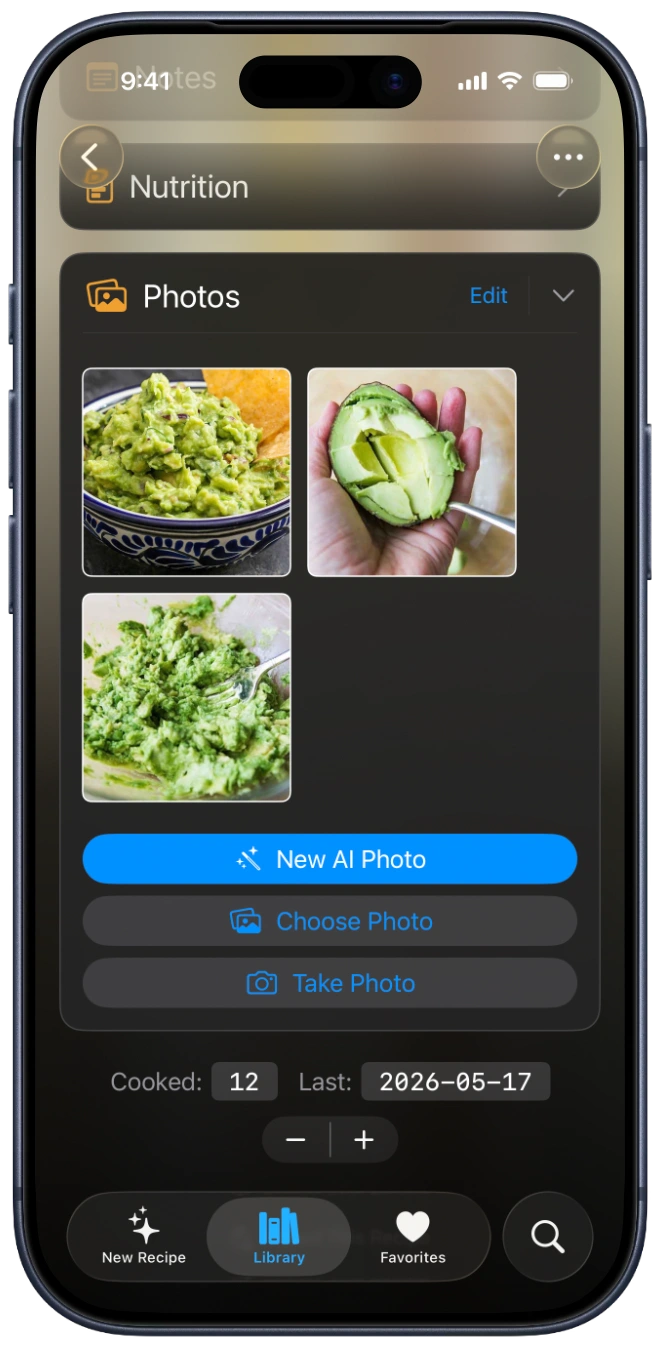 A screenshot of an iPhone showing a BrightDish recipe's Photos panel with a grid of four food photos and buttons to add a New AI Photo, Choose Photos, or Take Photo.