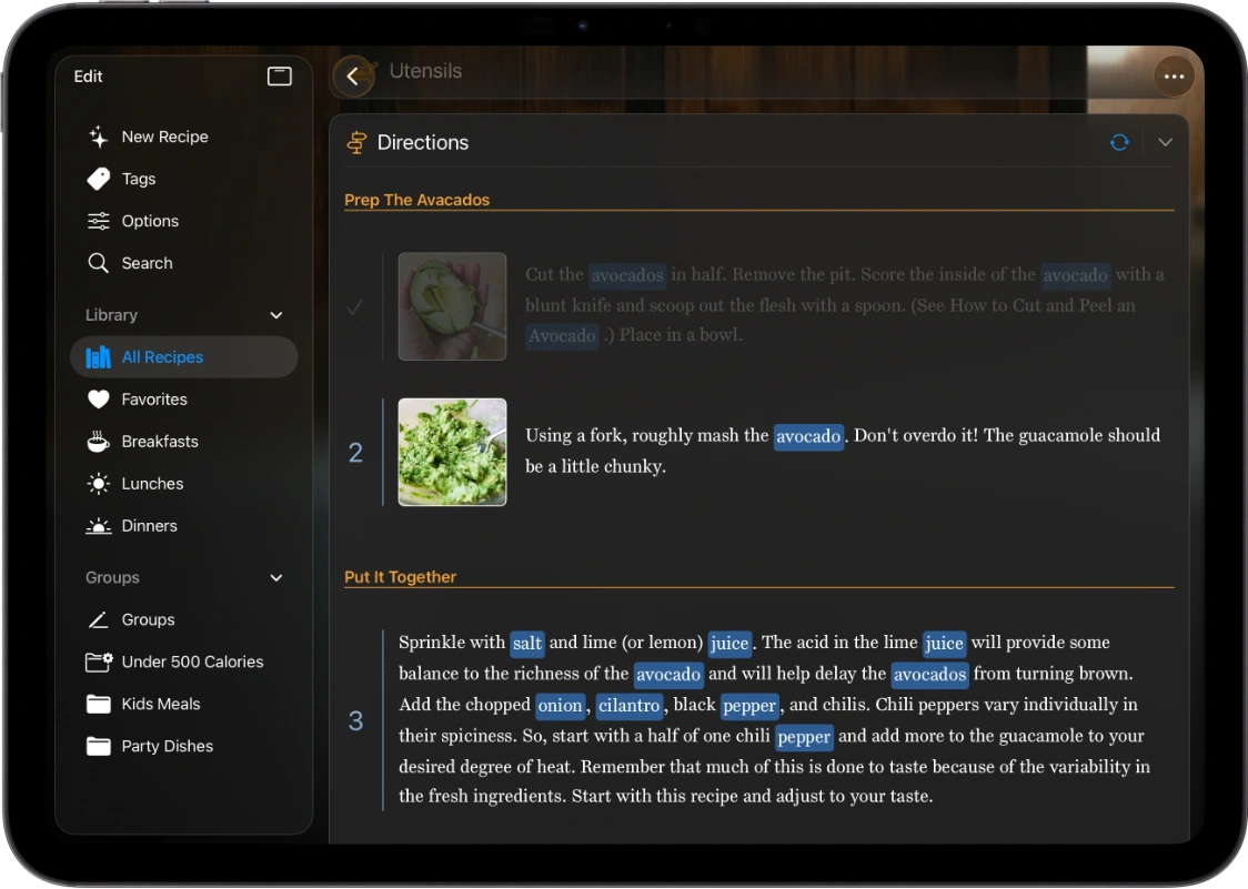 A screenshot of an iPad showing a BrightDish recipe with its directions divided into named sections, each step paired with a thumbnail photo on the left.
