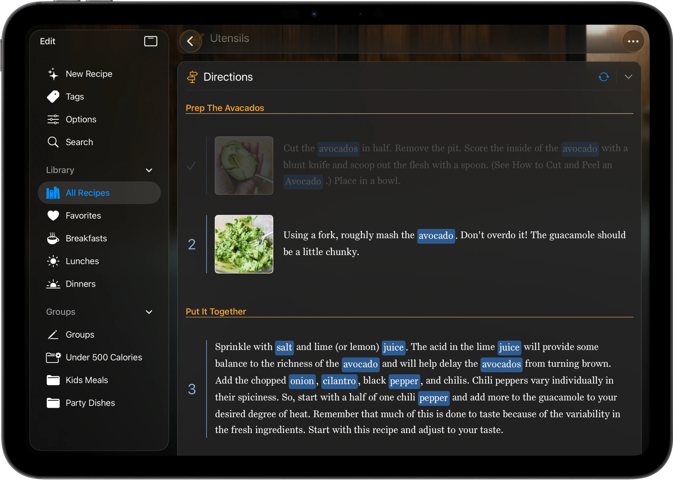 A screenshot of an iPad showing a BrightDish recipe with its directions divided into named sections, each step paired with a thumbnail photo on the left.