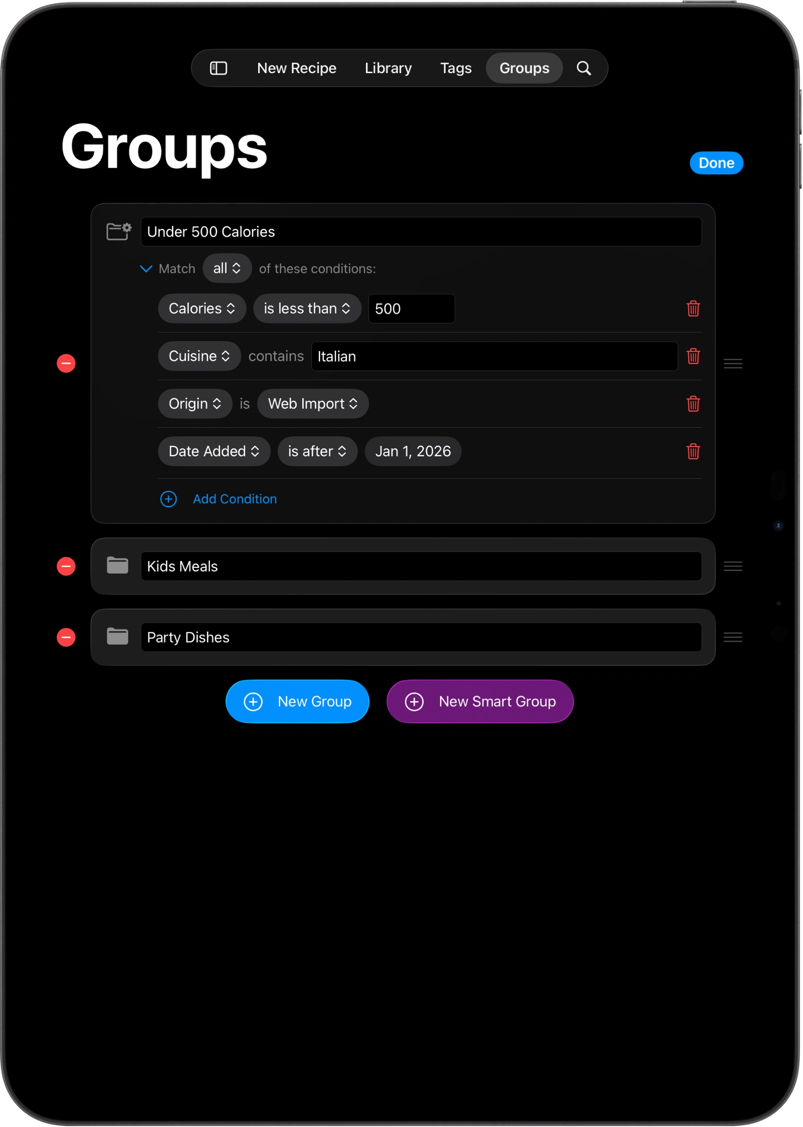 A screenshot of an iPad showing BrightDish's Groups screen editing a Smart Group named Under 500 Calories, with conditions for calories, cuisine, origin, and date added, plus New Group and New Smart Group buttons.