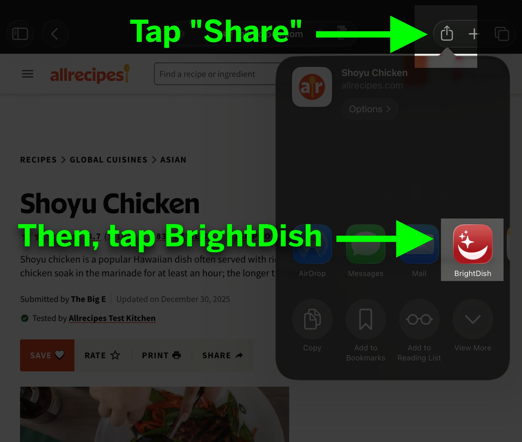 BrightDish in the iOS Safari share sheet