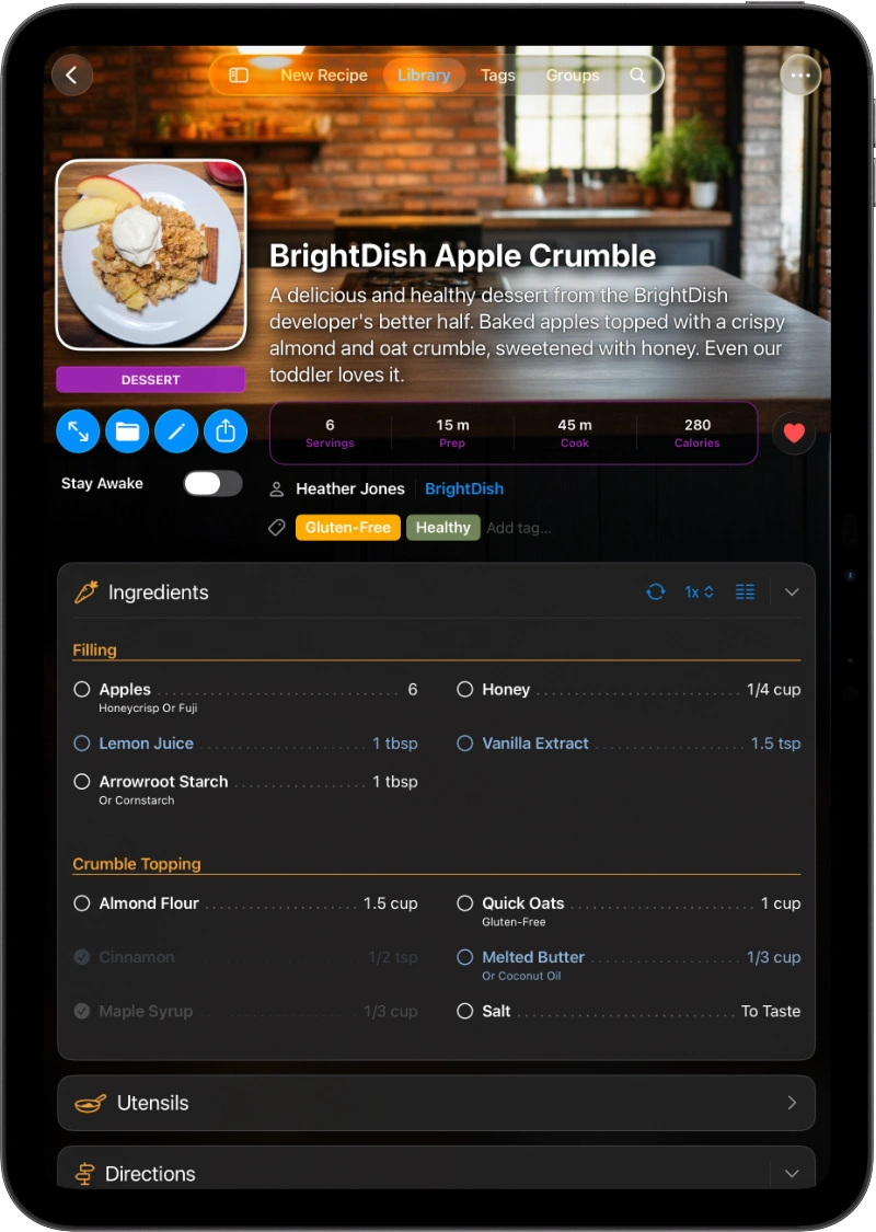 A screenshot of an iPad showing the BrightDish Apple Crumble recipe page, with its photo, summary, ingredient list, and step-by-step directions.