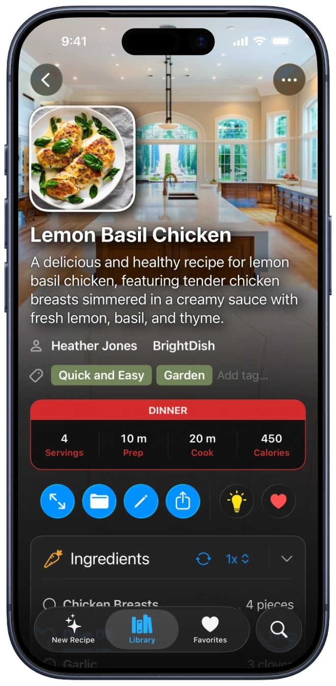 A screenshot of an iPhone showing the BrightDish recipe page for an American Thai Basil Chicken Salad, with the dish photo, summary, prep and cook times, and a Cooking View button.