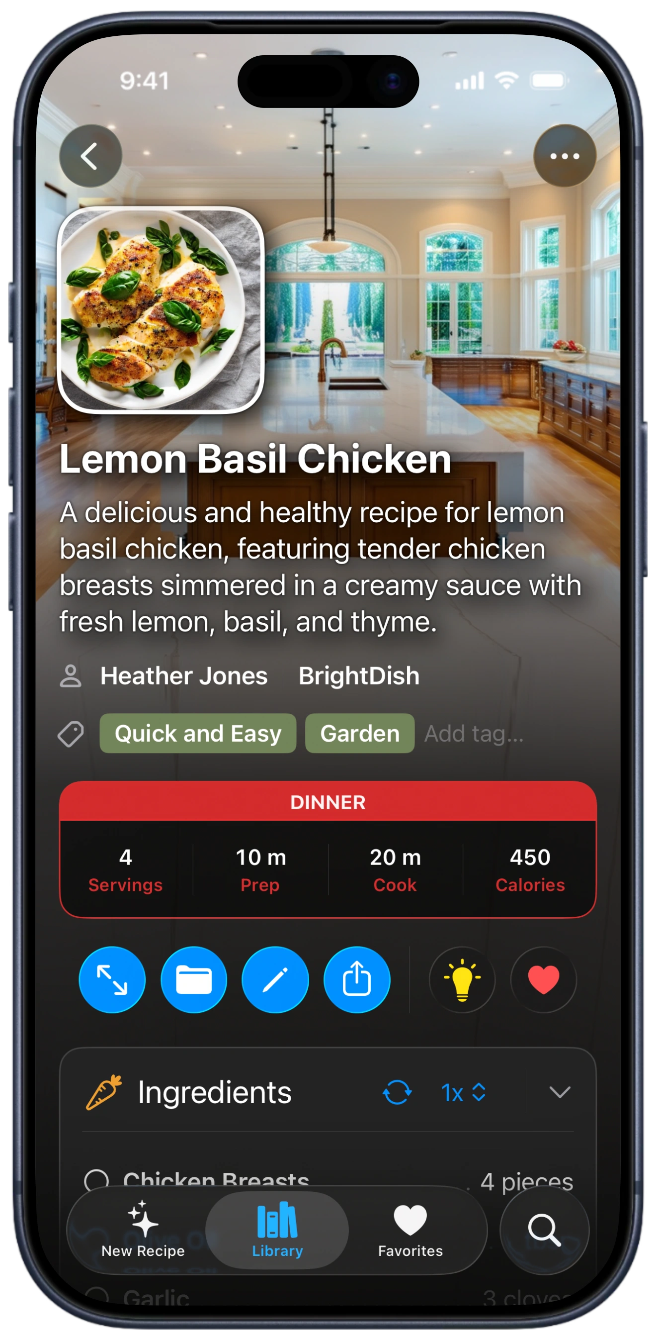 A screenshot of an iPhone showing the BrightDish recipe page for an American Thai Basil Chicken Salad, with the dish photo, summary, prep and cook times, and a Cooking View button.