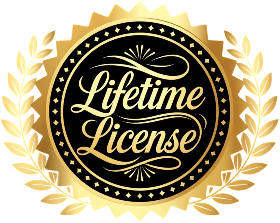 A gold seal that reads &lsquo;Lifetime License&rsquo; in cursive script, framed by laurel branches.